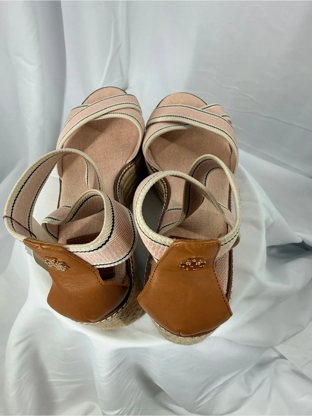 Tory Burch Pink and Cream Striped Espadrille Wedge Sandals
